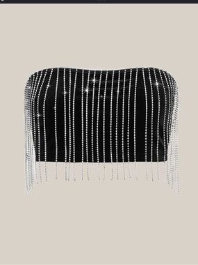 SHEIN Fringe Trim Crop Tube Top, black with Rhinestones, size XS, EUC